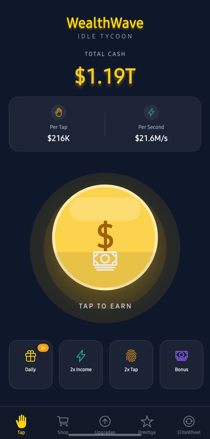 WealthWave Idle Tycoon app screen showing net worth, businesses and an ascension button